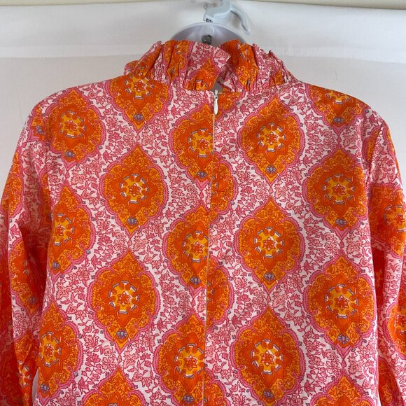 Elizabeth Wilson Mandala Floral Print Top XS Orange Pink White Ruffle Collar - Picture 7 of 11